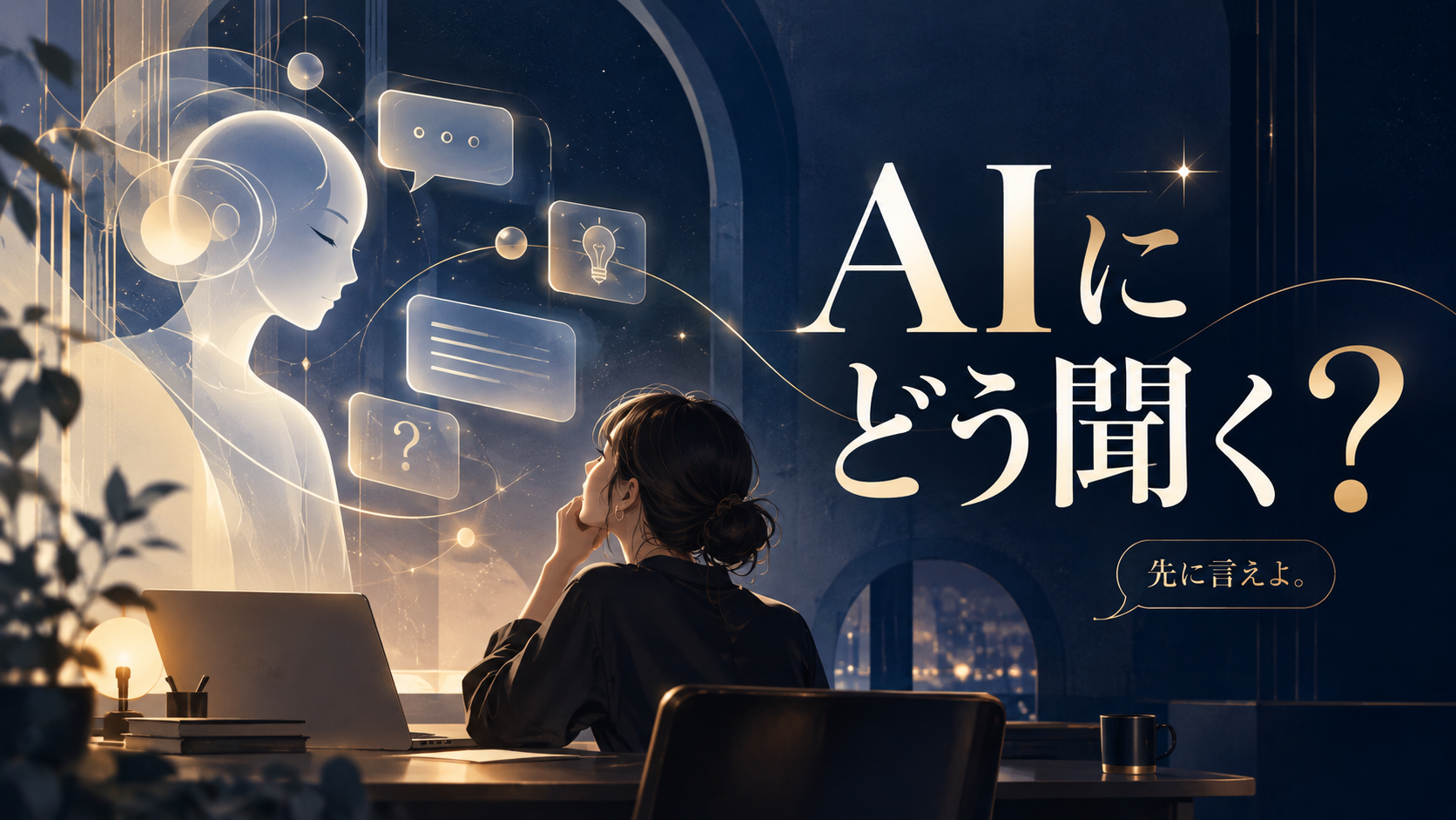 AIにどう聞く？ 先に言えよ。と書かれた、夜の作業部屋でAIと向き合う人のイラスト